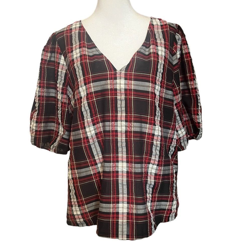 LOFT Plaid Puff Sleeve Top Size Large Black and Red Plaid V Neck Crinkles
